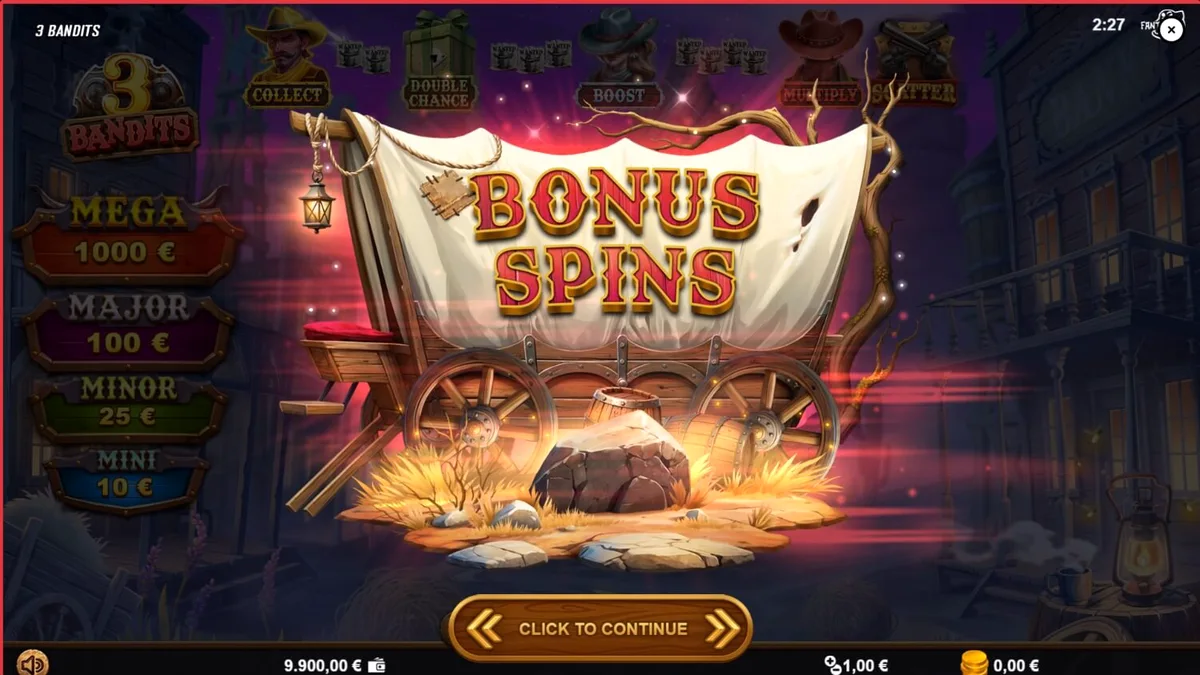 Pemandangan visual slot 3 Bandits dengan tema Wild West