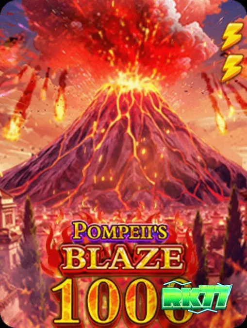 Tampilan visual slot Pompeii’s Blaze 1000 dengan latar belakang gunung berapi.